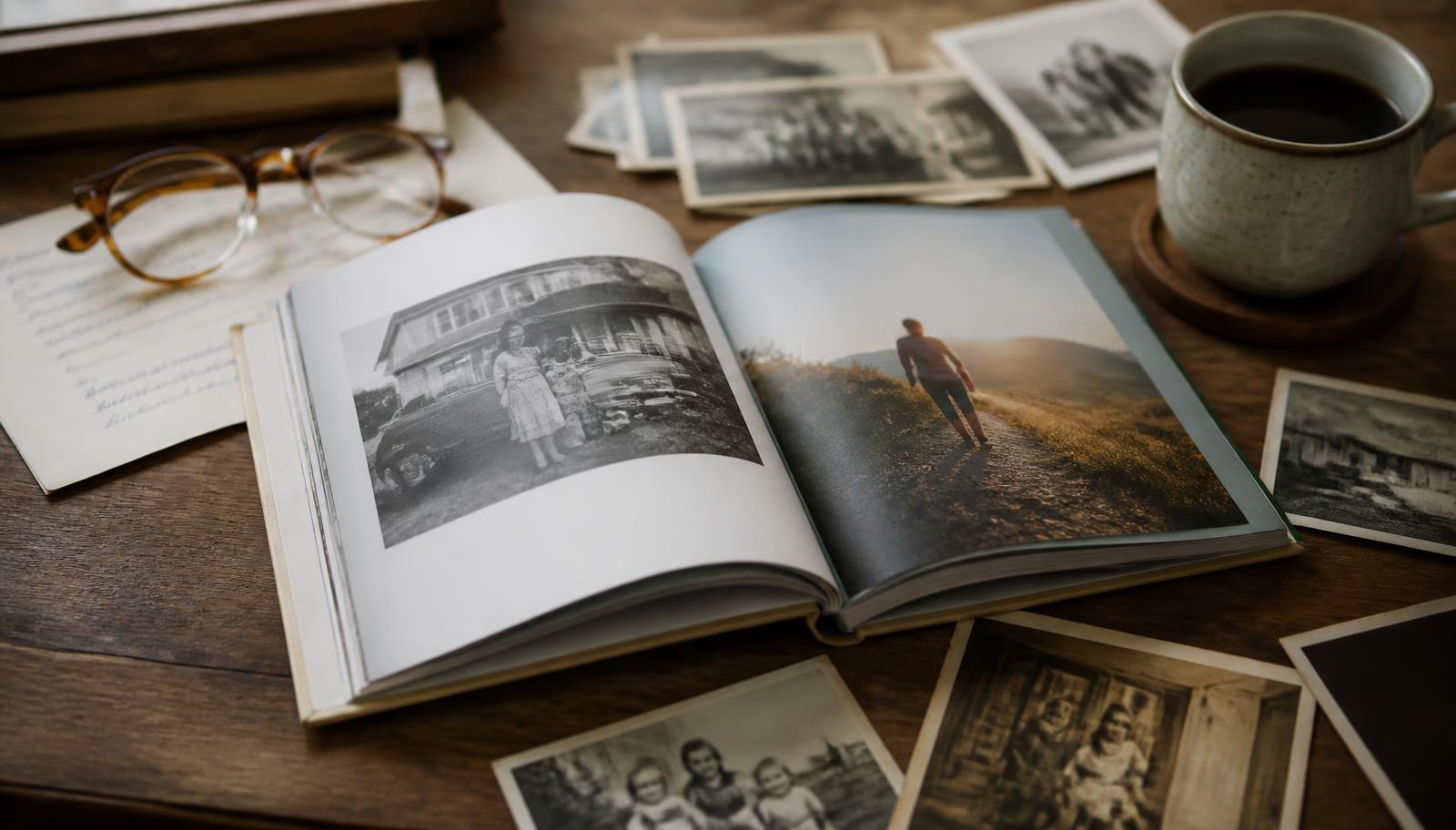 Open family memoir book surrounded by old family photographs